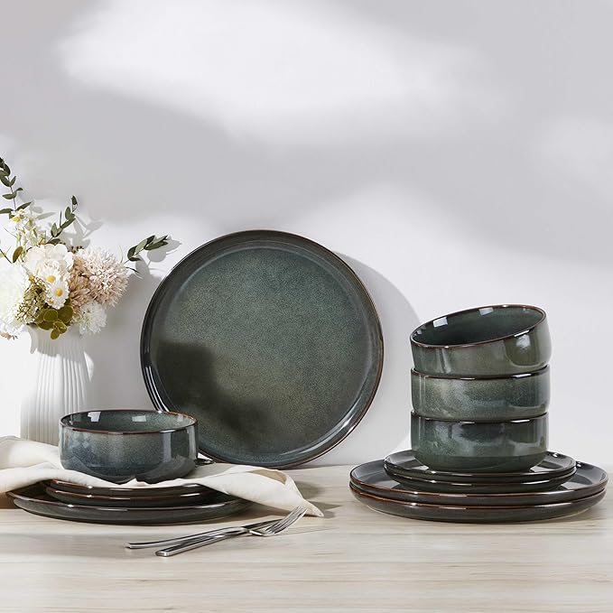 Herogo 12 Pieces Square Stoneware Dinnerware Set Service for 4 Dinner Plates and Bowls Sets Double Reactive Glaze Dishes Set for Kitchen Scratch Resistant Dishwasher Safe Moss Green