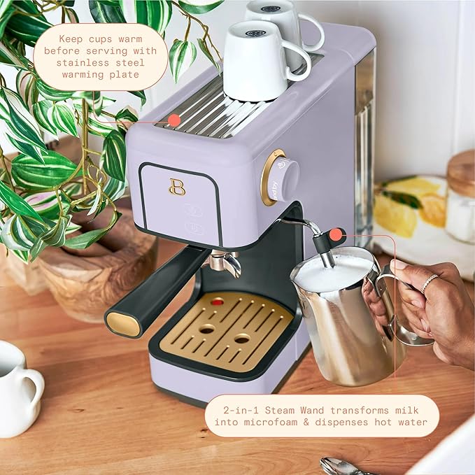 B Slim Espresso Maker by Drew Barrymoree with 20-Bar Pressure Touch-Activated Display and Steam Wand for Latte &amp Cappuccino (Lavender)