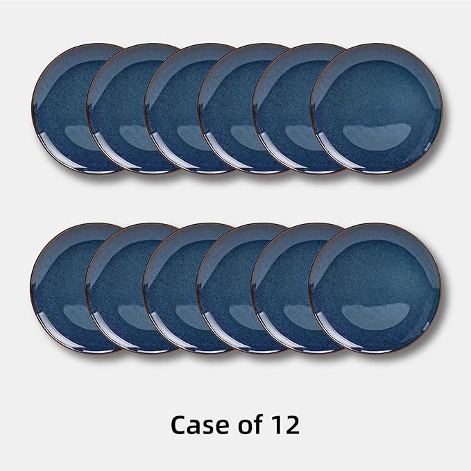 Organic Shape Highland Ceramic Salad plate 12pcs 8 Inch Handmade Reactive Glaze Stoneware Plates with Wavy Edge for Kitchen Microwave &amp Dishwasher Safe Scratch Resistant-Blue