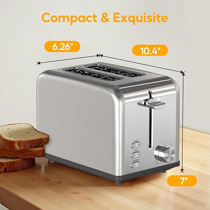 HealSmart 2-Slice Stainless Steel Toaster 6 Browning Setting and 3 Function Toaster Extra Wide Slot &amp Removable Crumb Tray for Bread &amp Waffle Silver