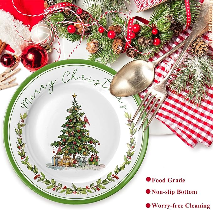 6 Pcs Christmas Melamine Plates Dinner Salad Plates Xmas Tree Dinnerware Xmas Wreath Dishes Holiday Tableware for Dessert Salad Appetizer Birthday Party(Christmas Tree8 Inches)