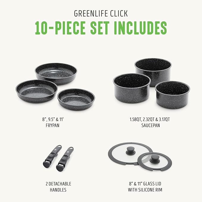 GreenLife 10 Piece Nonstick Pots &amp Pans Set Detachable Handle &amp Stackable Cookware Set Non Toxic PFAS-Free Skillets Induction Kitchen Pans Space Saving Serving Bowls Oven Safe Granite B