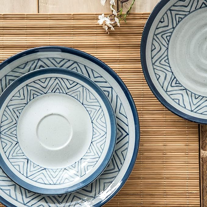 Porcelain Dinnerware Sets28 Pieces Ceramics Dinner Combination Set|Hand Painted Blue and White Lines Cereals Bowls and Steak Plates Sets
