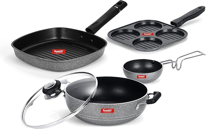 Sumeet NonStick Fekete Cookware Set (Mini Multi Snack Maker - 4 Cavity -19.5cm + Kadhai with Glass Lid -2Ltr - 22Cm Dia + Grill Pan-22cm Dia + Waghariya/Tadka pan - 190Ml - 10Cm Dia)