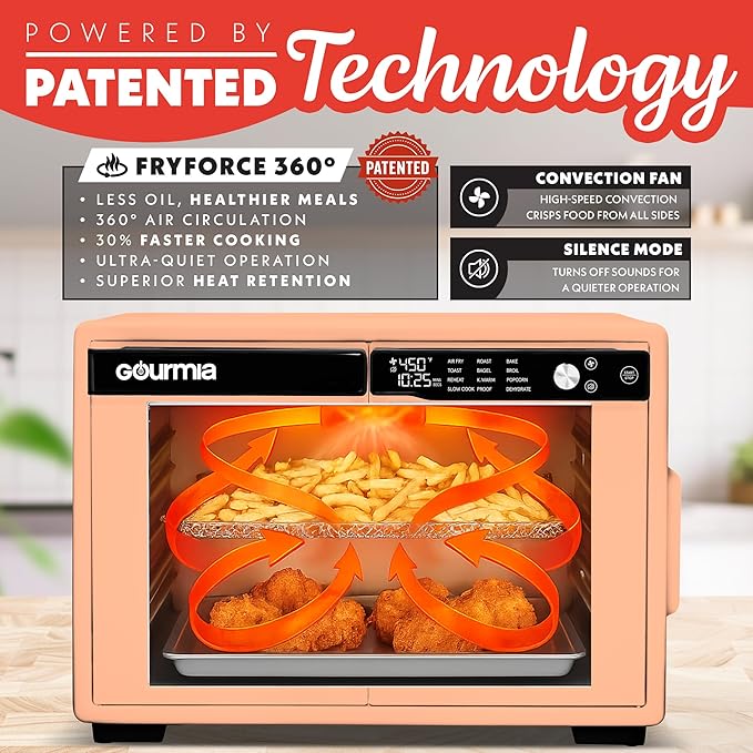 Gourmia French Door Air Fryer Oven - 37 Qt Large Capacity Convection Toaster Oven FryForce 360° Digital Display 12 Cooking Presets Dehydrate Fits 13” Pizza Dishwasher-Safe Peach