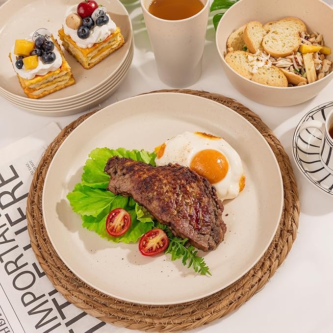 EI 24pcs Wheat Straw Dinnerware Set Beige Wheat Straw Plates Reusable Unbreakable Plates for Camping Picnics &amp Family Dinners