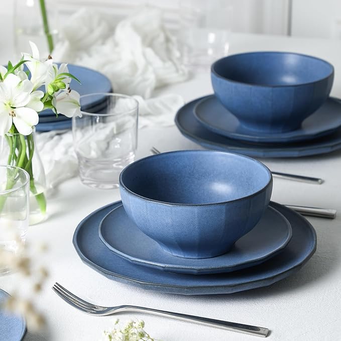 Stone Lain Rio Stoneware 32 Piece Dinnerware Set Blue Plates and Bowls Sets with Fluted Glass Cups Textured Dish Set for 8 Microwave &amp Dishwasher Safe