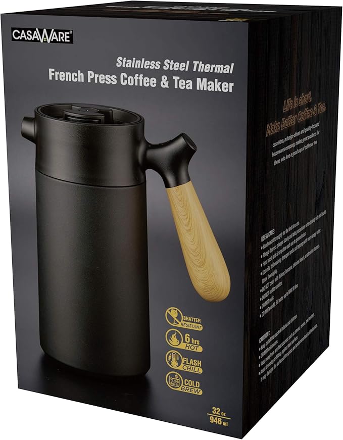 casaWare Stainless Steel 32-Ounce Thermal French Press Coffee and Tea Maker (Black)
