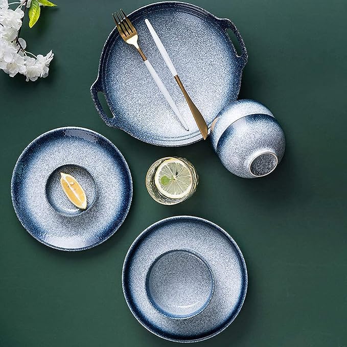 Stylish Dinner PlatesCeramics Dinner Sets 48 Pieces Blue Glaze Cereal Bowl and Steak Plate | Japanese-Style Porcelain Dinnerware Set for Family Gathering