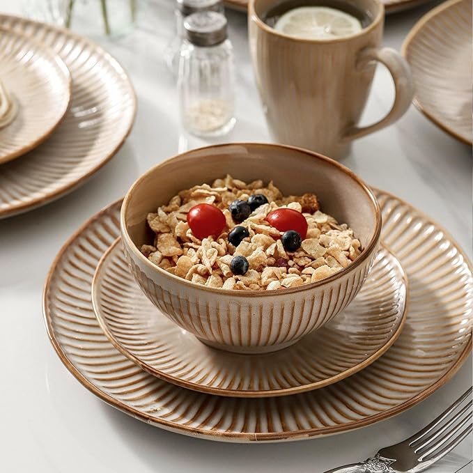 HVH Stoneware Dinnerware Sets 16 Pieces Plates and Bowls Sets Kitchen Dishes Set for 4 Dinner Dessert Plates Cereal Bowls and mugs for Party and Dinner Farmhouse Style (Sand Color)