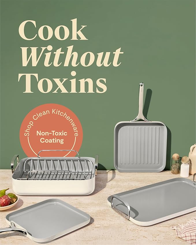 Caraway Square Cookware Set - Square Pans Set - Perfect for Griddling Toasting Searing Roasting and More - Non-Stick Ceramic Coated Pans - Non Toxic PTFE &amp PFOA Free - Cream