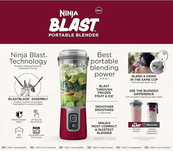 Ninja Blast 16 oz. Personal Portable Blender with Leak Proof Lid and Easy Sip Spout Perfect for Smoothies Cordless USB-C Rechargeable Dishwasher Safe Parts (Renewed) (Cranberry Red)