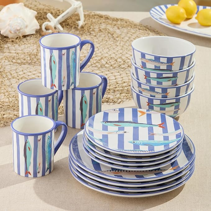 Something Fishy 16-Piece Ceramic DINNERWARE SETSERVICE for 4 Coastal Blue Striped Plates Mugs and Bowls with Artist-Designed Fish Artwork for Beach House Dining and Entertaining