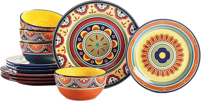 Bico Tunisian Ceramic 12 pcs Dinnerware Set Service for 4 Inclusive of 11 inch Dinner Plates 8.75 inch Salad Plates and 26oz Cereal Bowls for Party Microwave &amp Dishwasher Safe
