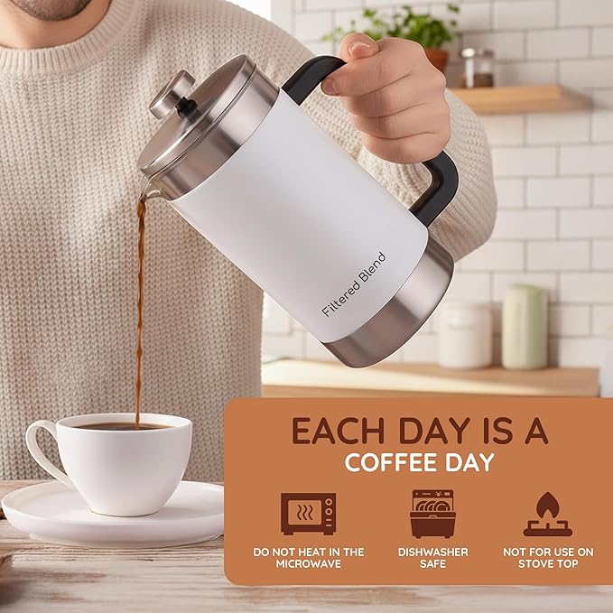 1.6L French Press Coffee Maker 54oz Large Capacity French Press Stainless Steel Brewer with Double Filter Mesh for Kitchen Travel Camping Hot &amp Cold Brew Coffee Maker Gifts (White)