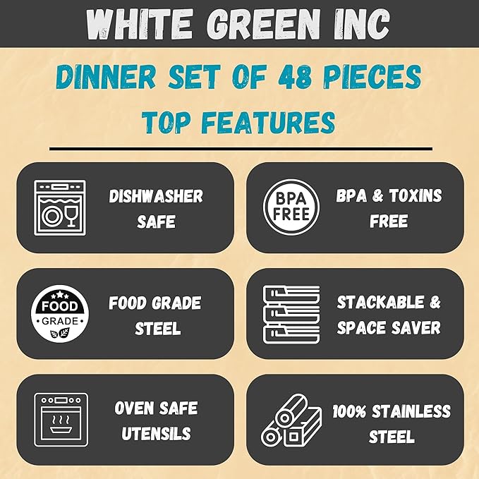 48 Pieces Dinner Set Stainless Steel Dinnerware Set Service for 6 (Full Plates Quarter Dishes Bowls Tumblers) Metal Reusable set for Home Kitchen Camping Dishwasher Safe