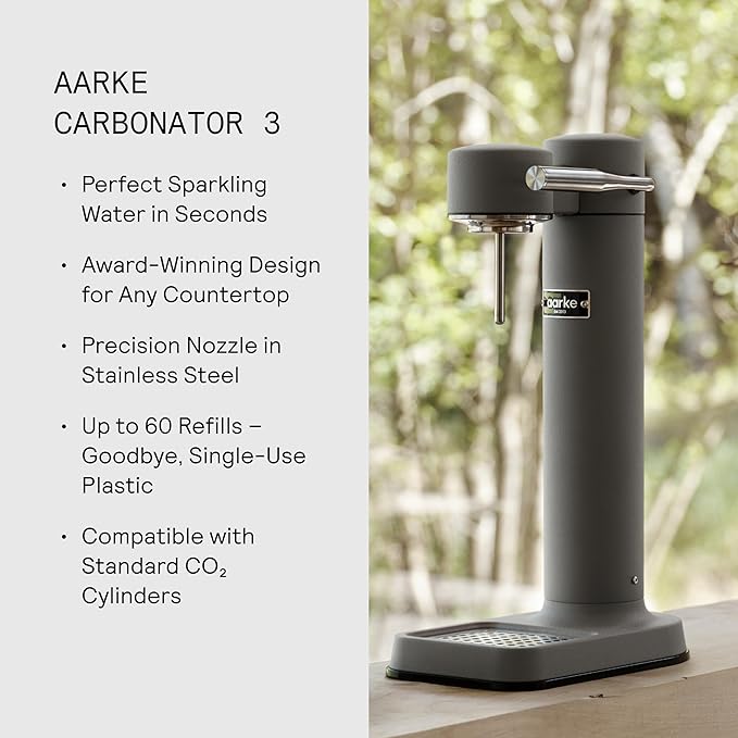 Aarke Carbonator lll with CO2 Cylinder Sparkling &amp Carbonation Water Machine Stainless Steel with PET BPA-Free Reusable Bottle Volume 1L/34 fl oz (Matte Grey)