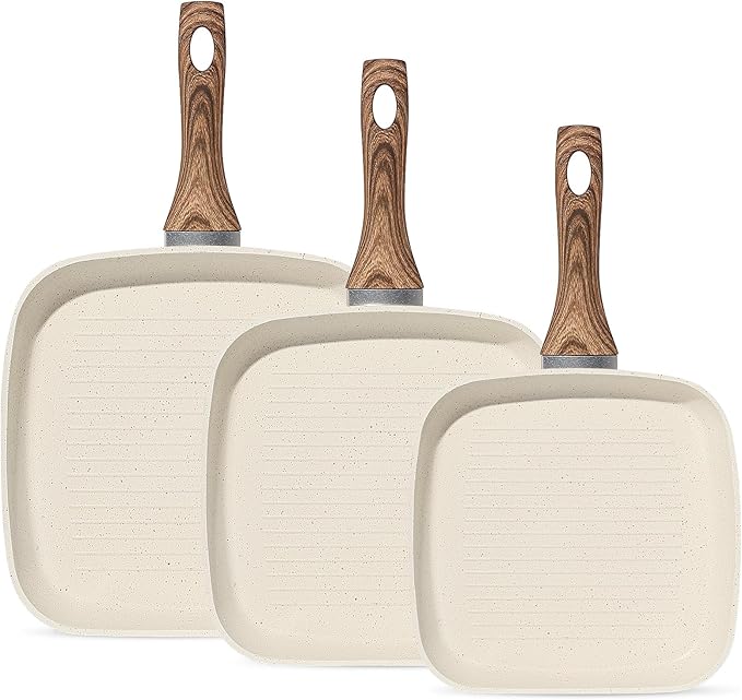 3-Piece Nonstick Grill Pan Set Square Griddle Pans with Wooden Handle Compatible with All Stovetops Ideal for Steak BBQ &amp Vegetables 9.5 10.2 11 Cream White