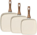 3-Piece Nonstick Grill Pan Set Square Griddle Pans with Wooden Handle Compatible with All Stovetops Ideal for Steak BBQ &amp Vegetables 9.5 10.2 11 Cream White