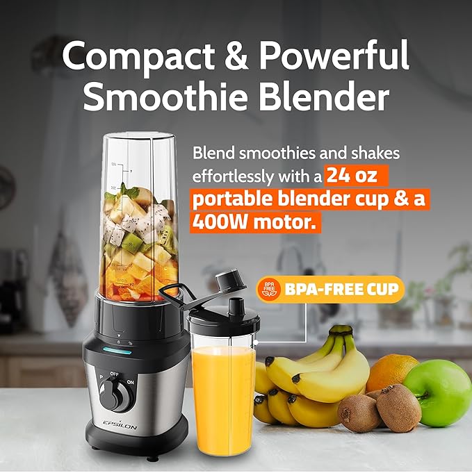 Epsilon Portable blender for Shakes and Smoothies – 400W Personal Blender with 24oz Portable Bottle Electric Personal Blender Bottle with 4-Blade Assembly Travel-Friendly and BPA-Free
