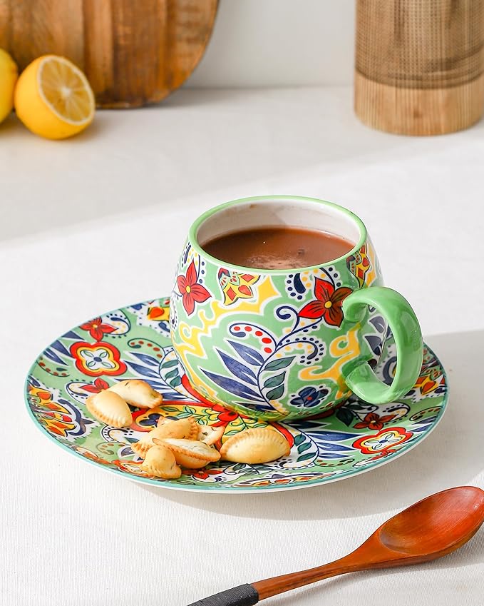 Bohemian Dinnerware Set – 24-Piece Porcelain Dinner Set with 6 Cereal Bowls 6 Dinner Plates 6 Salad Plates &amp 6 Coffee Mugs – Vibrant Hand-Painted Microwave &amp Dishwasher Safe