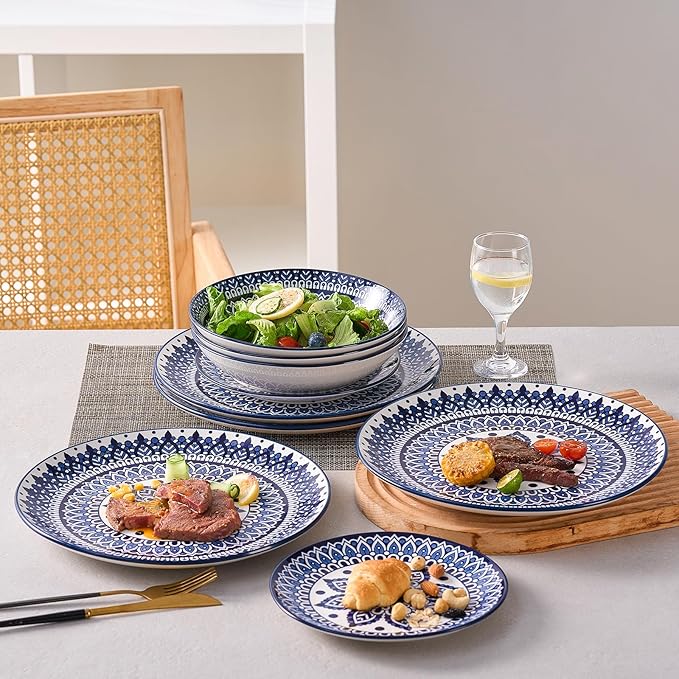 Bestone Ceramic 12-Pieces Dinnerware Sets Ceramic Dish Plates and Bowls Sets Dishes Set for 4 Dinner Salad Dessert Plates and Cereal Bowls Set GiftVintage Blue