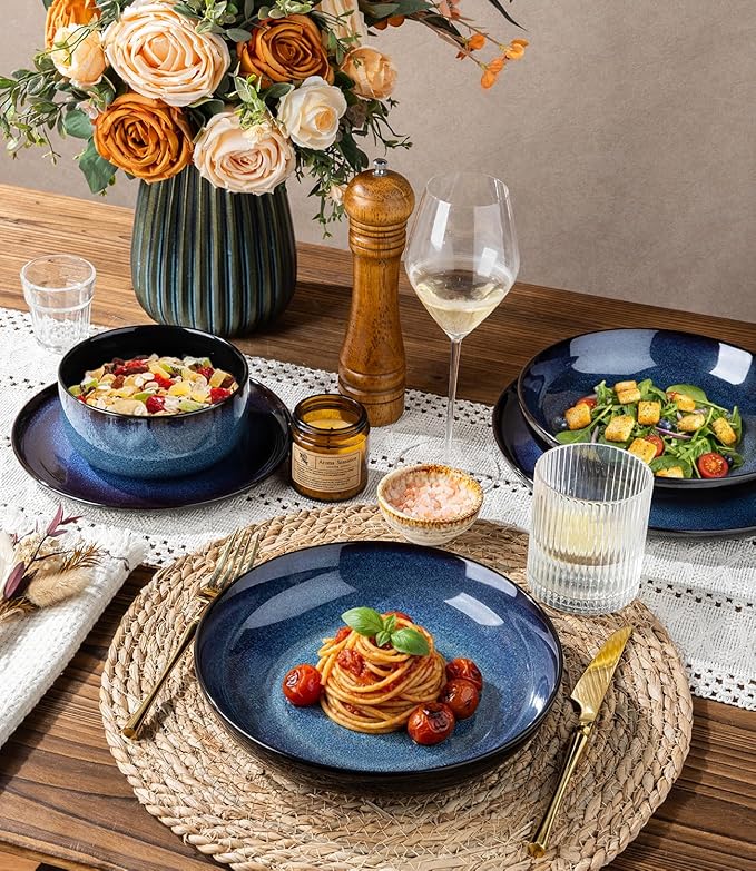 LERATIO Ceramic Dinnerware Sets with Pasta Bowls for 4Reactive Glaze Plates and Bowls SetsOven &ampMicrowave &amp Dishwasher SafeLight Weight &amp Scratch Resistant Dishes Sets-Service for 4 (16