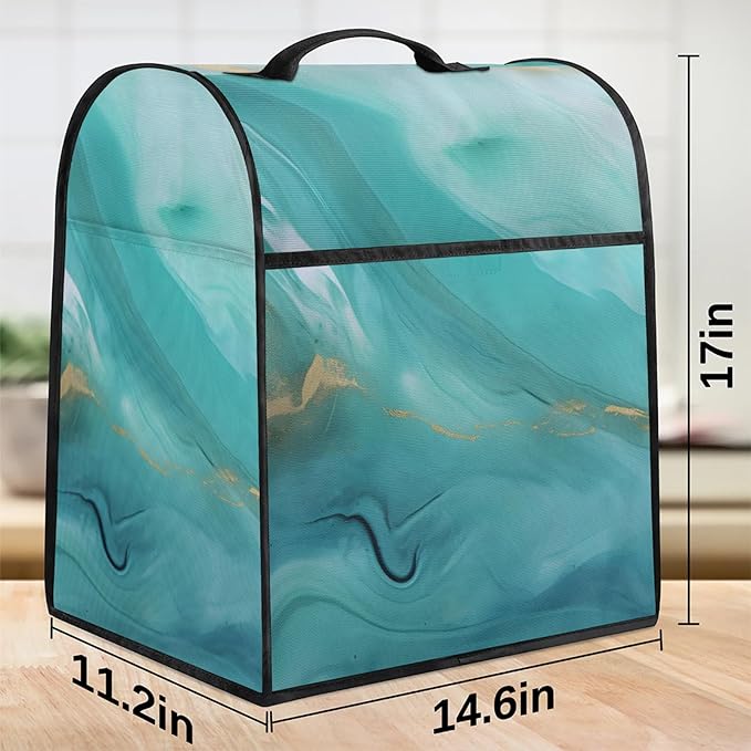 Kitchen Aid Mixer Cover Turquoise Color Background Marble Stand Mixer Cover Compatible with 6-8 Quarts Stand Mixers Dust Covers with Zipper Pocket Foldable Washable Kitchen Aid Organizer Bag