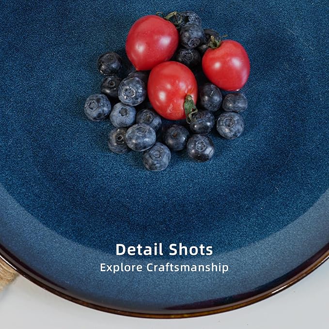 Organic Shape Highland Ceramic Dinner Plates 6pcs 11.65 Inch Handmade Reactive Glaze Dinnerware Sets with Wavy Edge for Kitchen Microwave &amp Dishwasher Safe Scratch Resistant-Blue