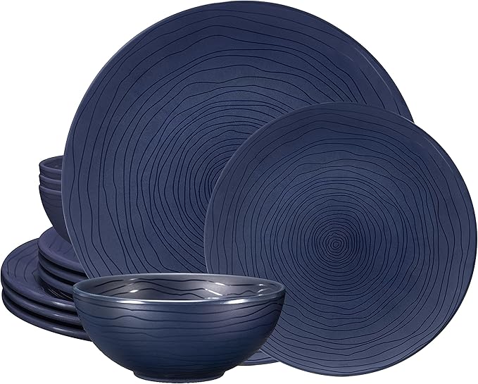 Bzyoo 12 Piece Melamine Dinnerware Set - Durable Dishwasher Safe Organica Navy Blue Plates and Bowls Sets Casual Dish Set for Dining Outdoor and Kitchen