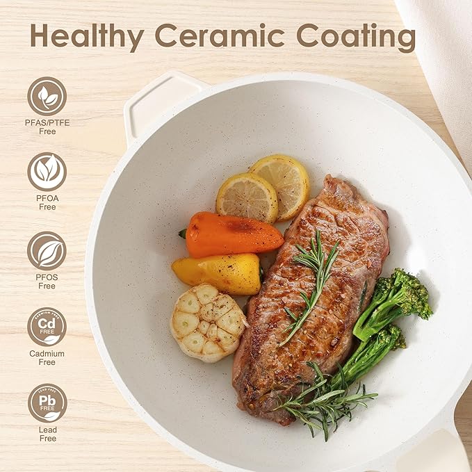 SENSARTE 14 Piece Ceramic Nonstick Cookware Set includes 4.5 Quart Ceramic Nonstick Wok Pan with Lid