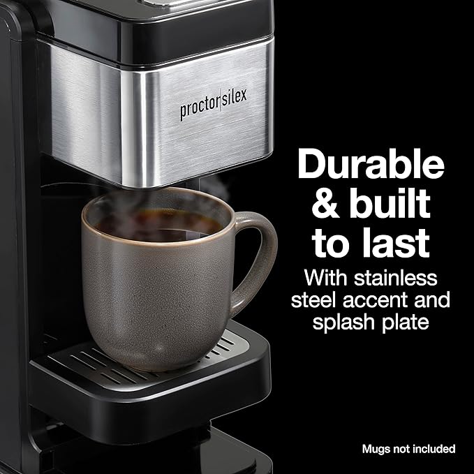 Proctor-Silex Single-Serve Coffee Maker Compatible with Pod Packs and Grounds 40 oz. Reservoir Makes Four 10 oz. Cups Without Refilling Black &amp Stainless Steel (49919)