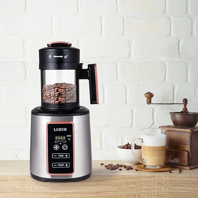 LUEUR Electric Coffee Bean Roaster Machine for Home Use 1500W Hot Air Coffee Roaster with Adjustable Timer Variable Heat &amp Air Fan Settings Chaff Collection Basket 100g Capacity