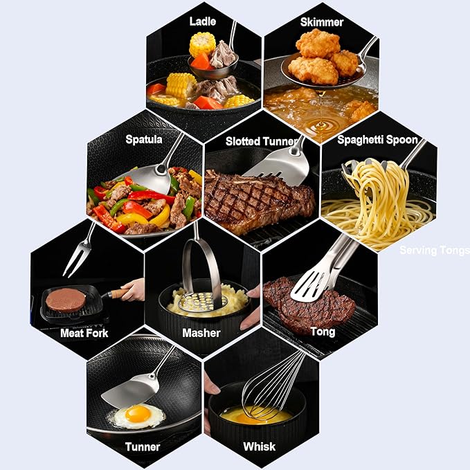 Kitchen Utensils Set Stainless Steel with Wooden HandleMetal Cooking Utensils Set 12 PCSSpatulasLadleSkimmerTunnersSpaghetti SpoonForkPotato MasherEgg WhiskTongs