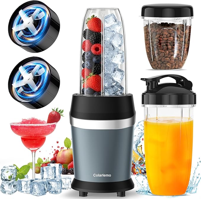 12-Piece Smoothie Blender Maker 25000 RPM Personal Blender for Ice Crushing Smoothies &amp Frozen Drinks Nuts with 23oz 32oz 37oz Portable Cups Two 6-Leaf Stainless Steel Blades Ash Blue