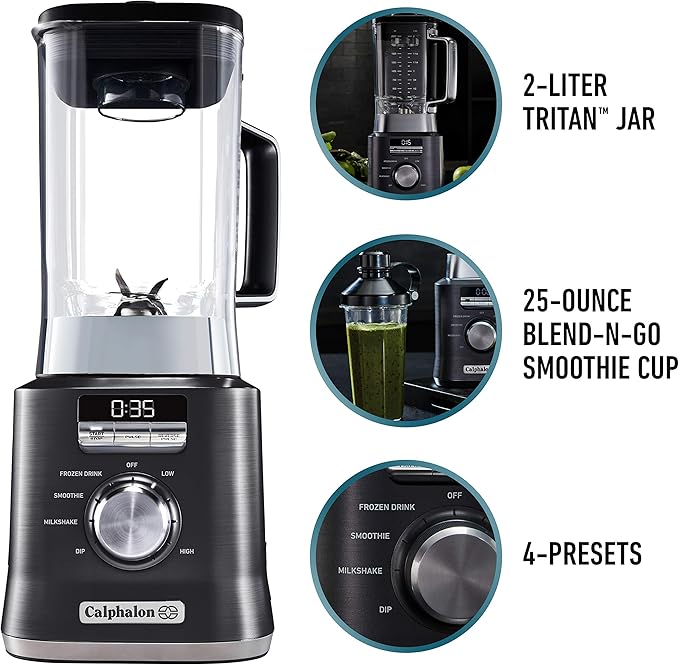 Calphalon Auto-Speed 68 Oz Blender with Blend-N-Go Smoothie Cup and BPA-free Tritan Jar | 1100-Watt Base Dark Stainless Steel