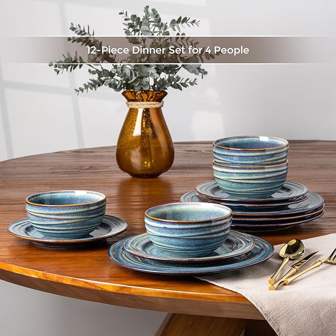 GBHOME Ceramic Dinnerware Sets12 pcs Embossed Elegant Stoneware Plates and Bowls Sets Housewarming Wedding Gift | Dishwasher &amp Microwave Safe | Dishes Set Service for 4