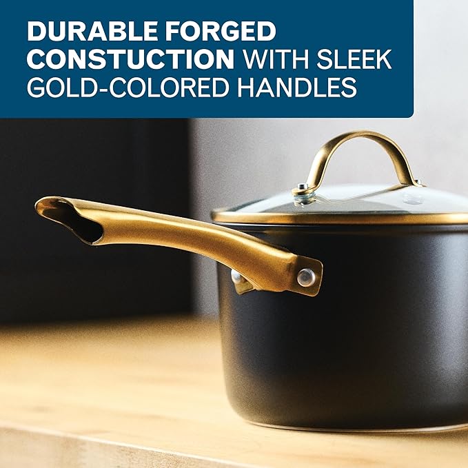 Farberware Forged Induction Ceramic Nonstick Pots and Pans Set with Lids and Kitchen Cooking Tools - Dishwasher Safe Suitable for All Stovetops 12 Piece Cookware Set - Black and Gold