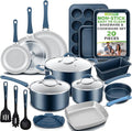 NutriChef Professional 20 Pc Pots and Pans Set Non Stick in Navy Blue - Includes Bakeware &amp Utensils Induction Ready Easy Clean