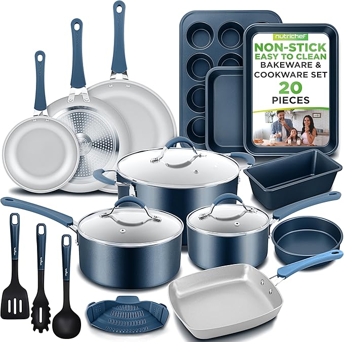 NutriChef Professional 20 Pc Pots and Pans Set Non Stick in Navy Blue - Includes Bakeware &amp Utensils Induction Ready Easy Clean