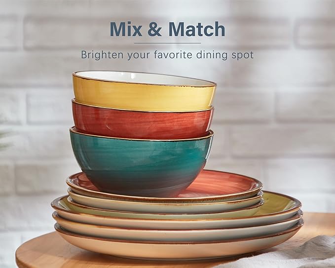 ONEMORE Plates and Bowls Set 12 PcsStoneware Dinnerware Sets for 4 MicrowavableOven &amp Dishwasher Safe PorcelainScratch Resistant Dishes Set