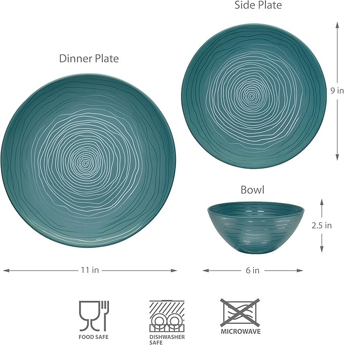 Bzyoo 12 Piece Melamine Dinnerware Set - Durable Dishwasher Safe Plates and Bowls - Casual Dining Parties Blue Dish Set Organica Blue Collection