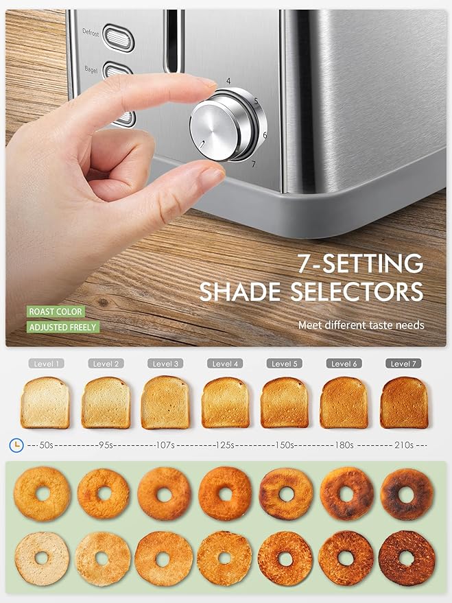 Yabano Retro Bagel Toaster - 2 Slice 2 Extra Wide Slots 7 Shade Settings Defrost/Bagel/Cancel Removable Crumb Tray Stainless Steel Silver