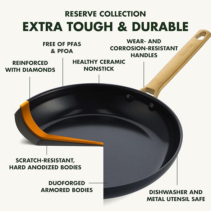 GreenPan Hard Anodized Healthy Ceramic Nonstick 5 Piece Cookware Pots and Pans Set Gold Handle PFAS-Free Dishwasher Safe Oven Safe Black