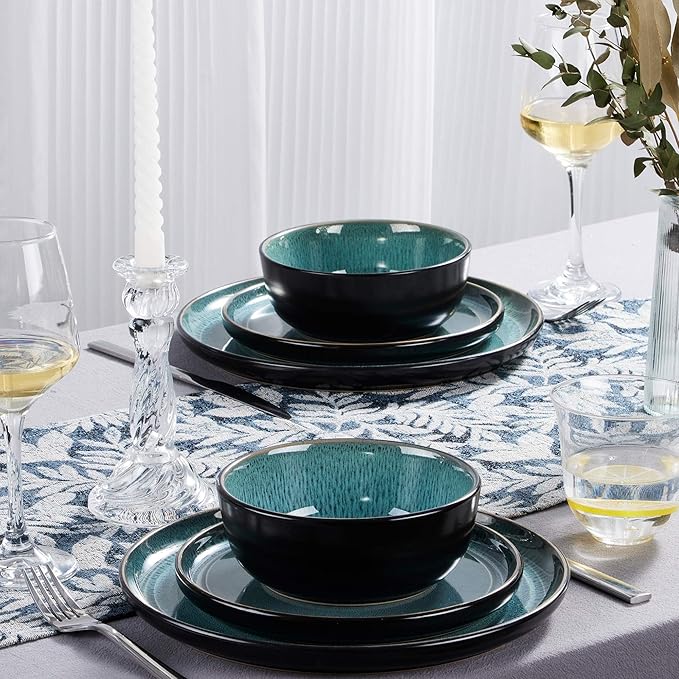 LIANYU Ceramic Dinnerware Sets for 4 12 Piece Porcelain Stoneware Plates and Bowls Scratch Resistant Round Kitchen Dishes Set Dishwasher and Microwave Safe Dinning Ware Set Pastel Turquoise