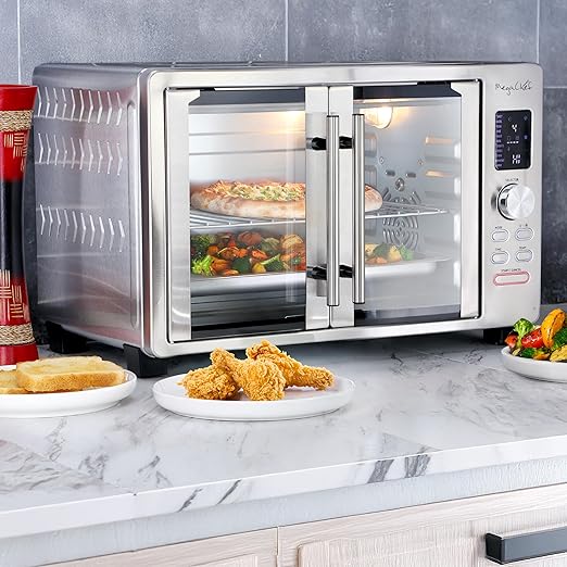 MegaChef 30 Quart Digital French Door Multi-Function Convection Toaster Oven with Rotisserie Set &amp Toast Bagel Pizza Bake Roast Broil Cookies Dehydrate &amp More Presets