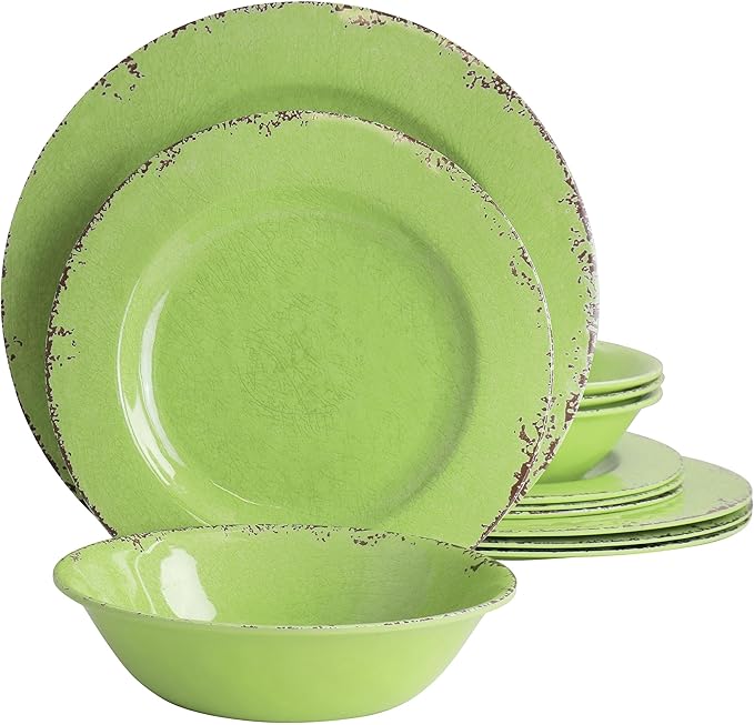 12 Piece Dinnerware Set in Green Textured Casual Round Dishwasher Safe