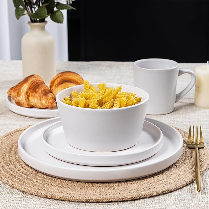 Plates and Bowls Sets for 4 - CJDC-QUELO 16 Piece Stoneware Dinnerware Sets with Mugs Ceramic Dishware Sets for Kitchen Dining Use Chip and Scratch Resistant Microwave Dishwasher Safe White