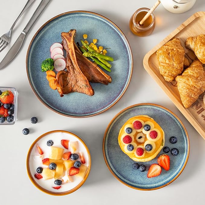 vancasso ONION Ceramic Plates and Bowls Sets 12 Pieces Blue Dinnerware Sets and 16 oz Large Ceramic Coffee Cups Set of 6 Stoneware Mugs with Handle for Latte Tea Cappuccino