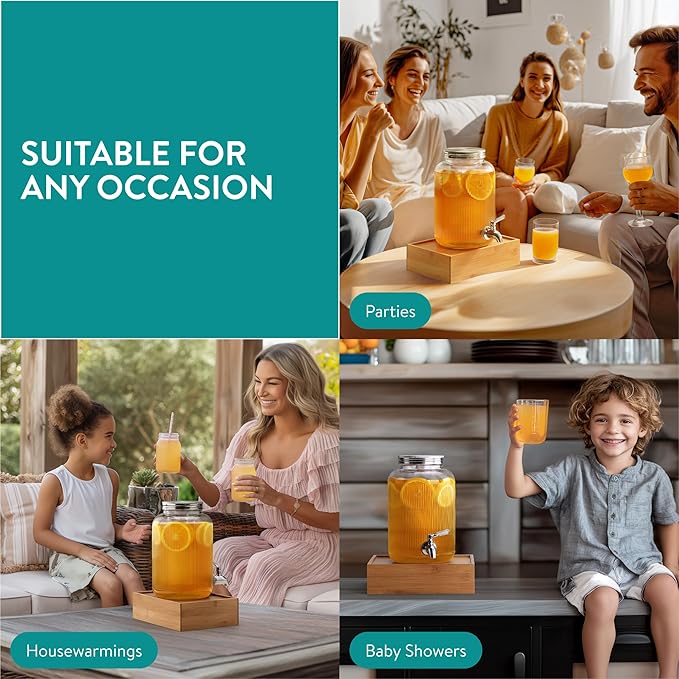 Navaris Glass Drink Dispenser with Tap - 4L (1 gal) Ripple Design Beverage Dispenser with Ice Insert &amp Fruit Infuser - for Cold Brew Coffee Cocktails Juice Water &amp other Drinks